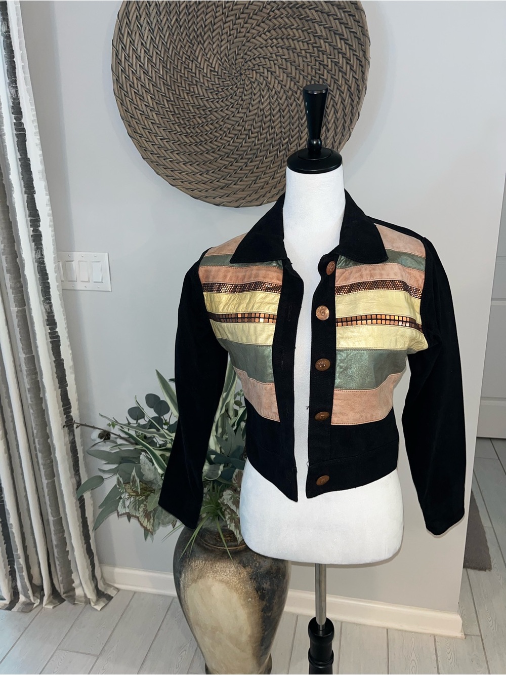 Cache Black Cropped Jean Jacket with Metallic Stripe Panels